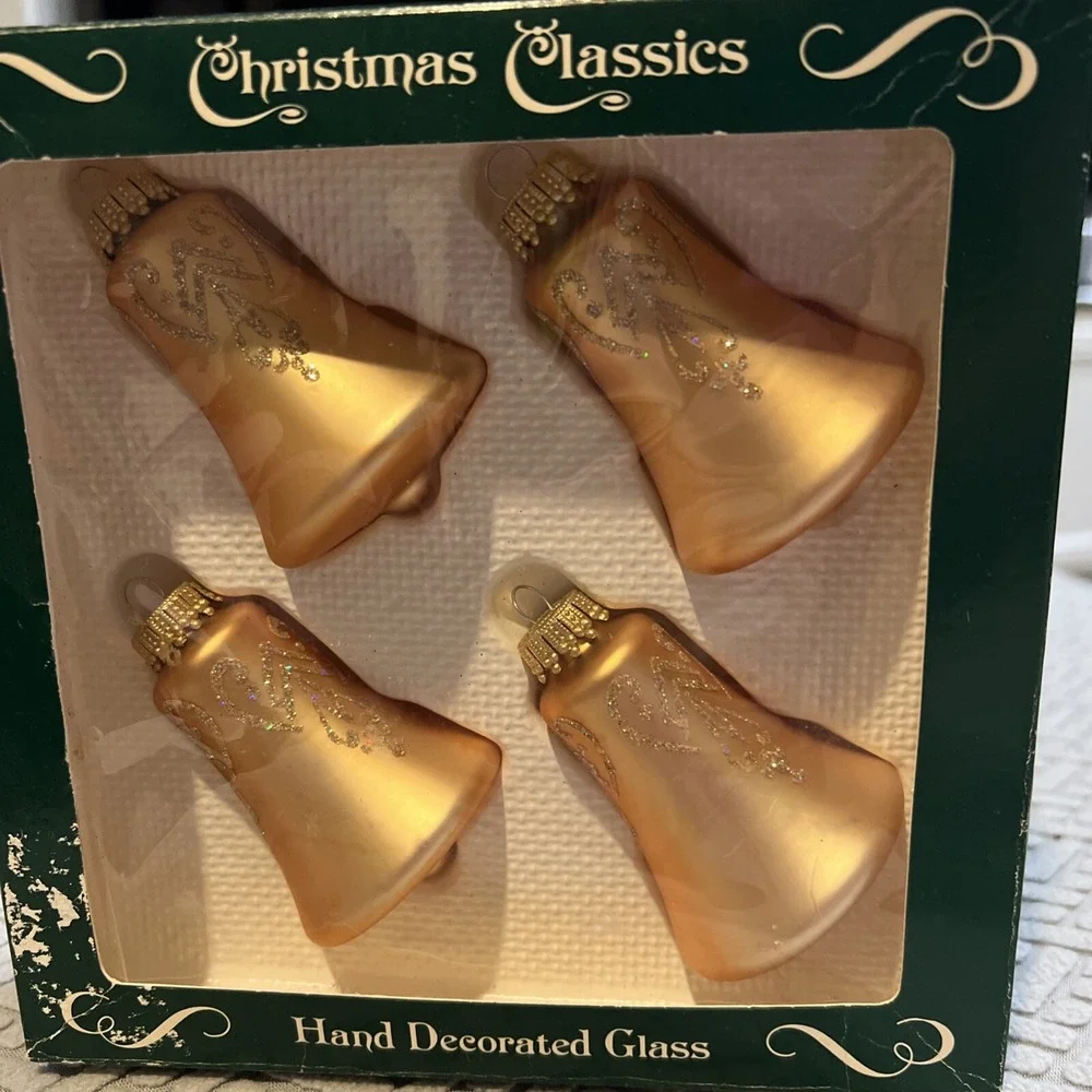 Krebs (4) Glass Bell Ornaments Hand Decorated Yellow/Gold Color In Box